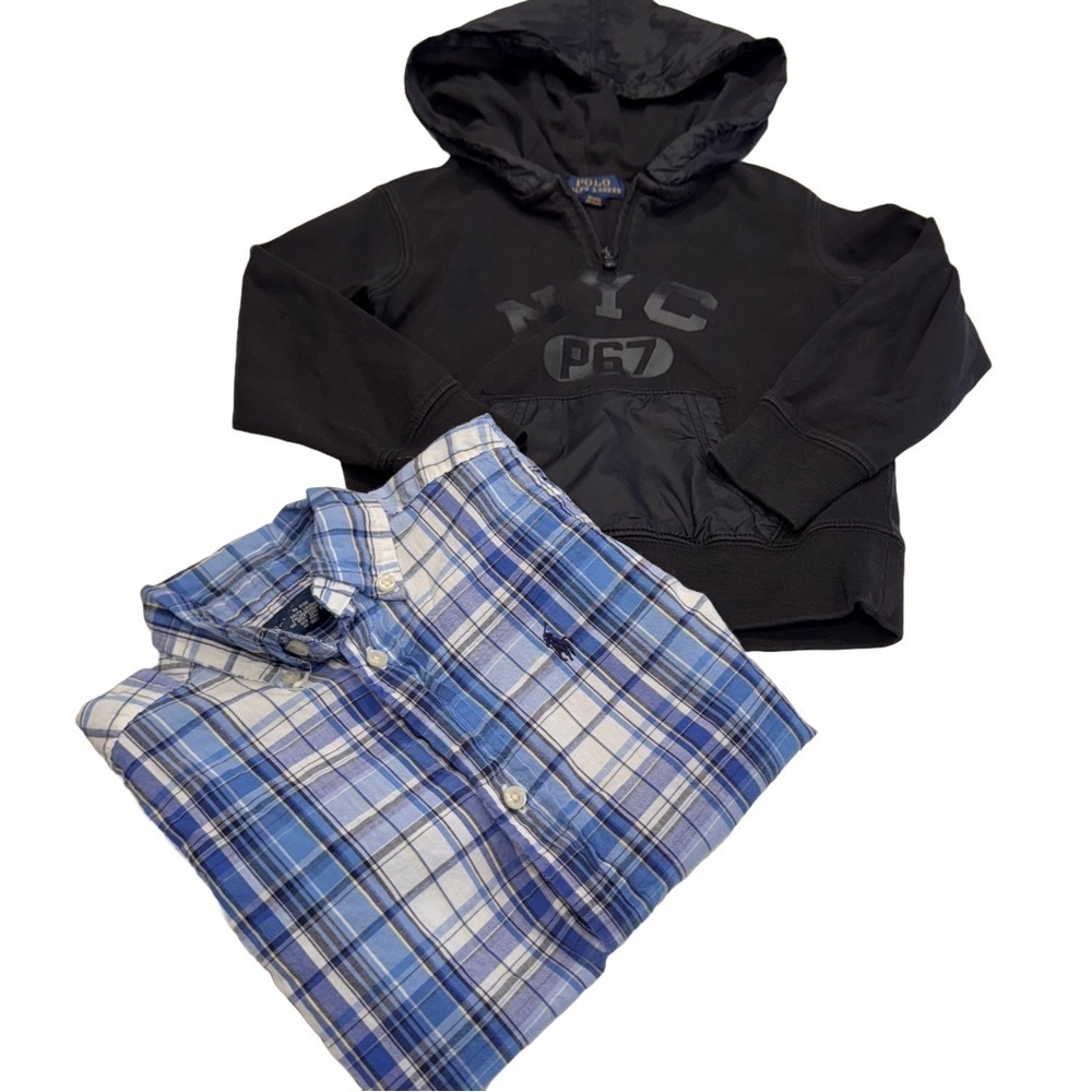 Polo Ralph Lauren Boys NYC Hoodie & Button Down Plaid S/S Shirt Sz 3T